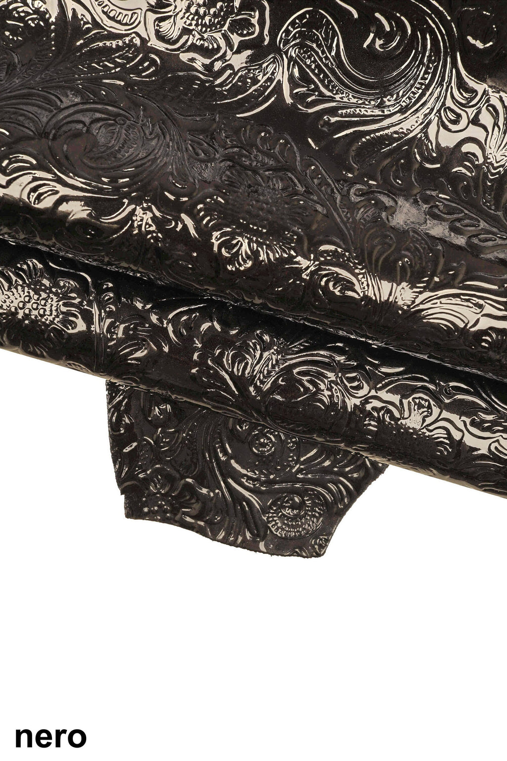 FLORAL embossed PATENT leather hide, green blue black glossy cowhide, relief flower print on calfskin B16262-ST La Garzarara