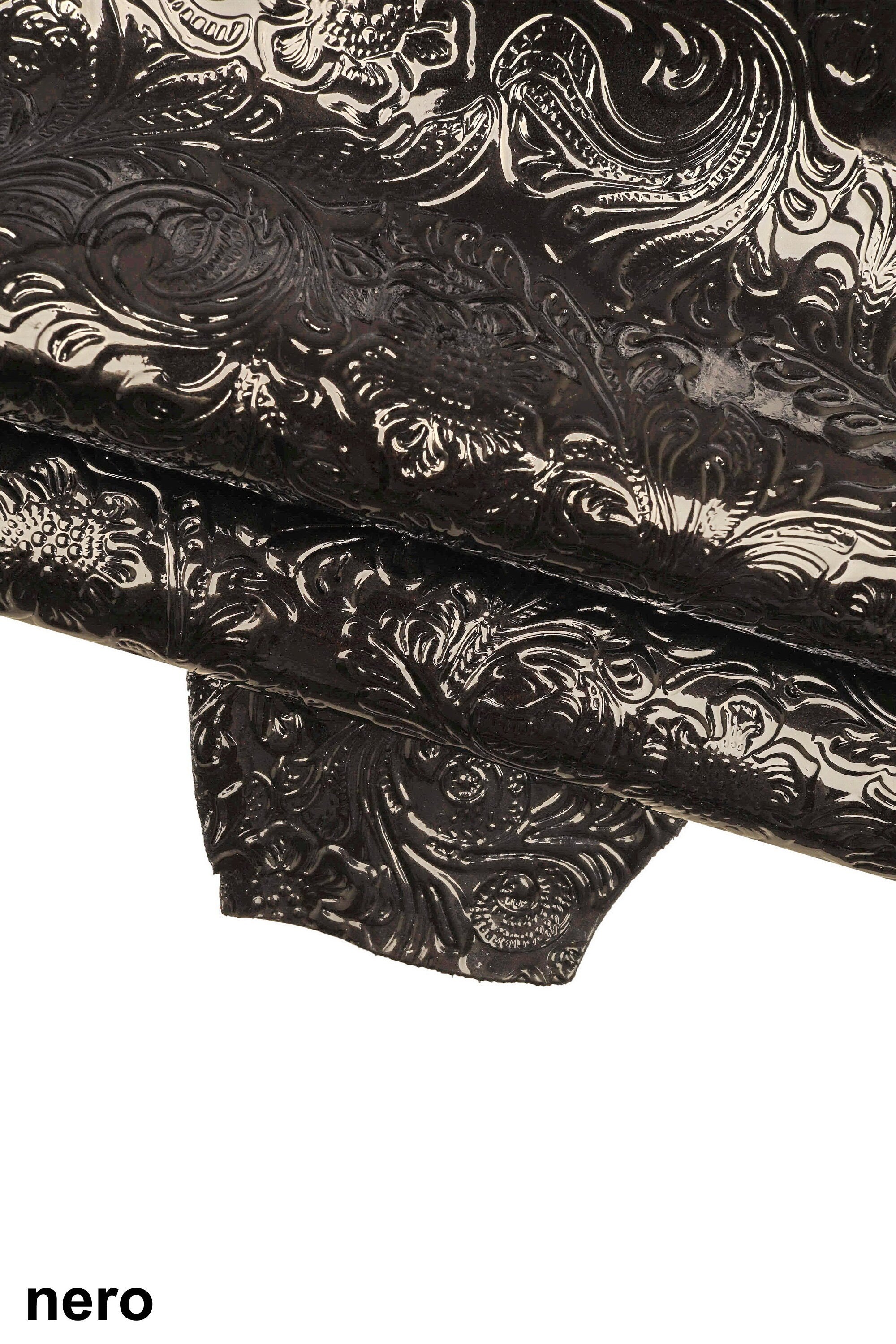 FLORAL embossed PATENT leather hide, green blue black glossy cowhide, relief flower print on calfskin B16262-ST La Garzarara