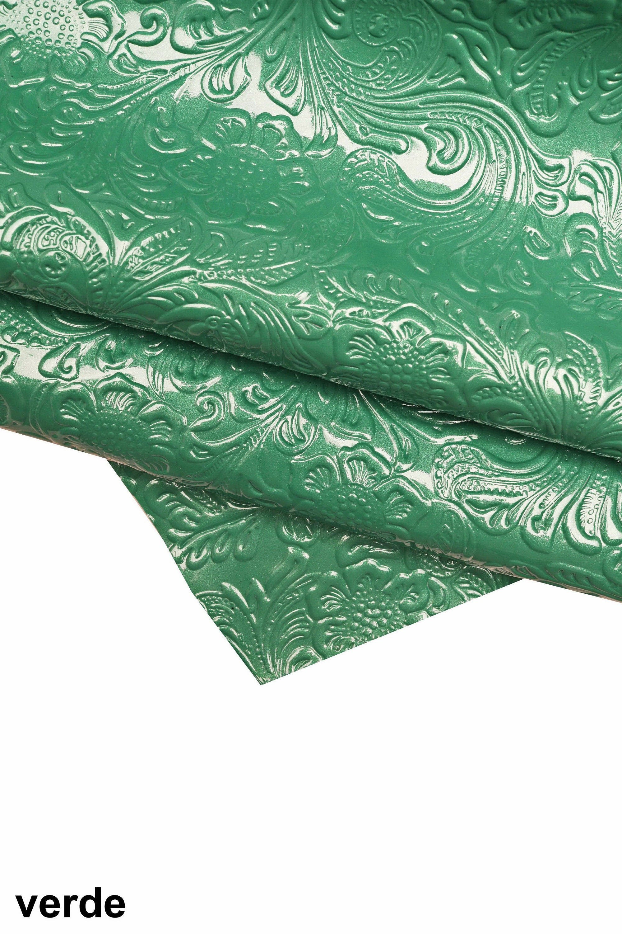 FLORAL embossed PATENT leather hide, green blue black glossy cowhide, relief flower print on calfskin B16262-ST La Garzarara