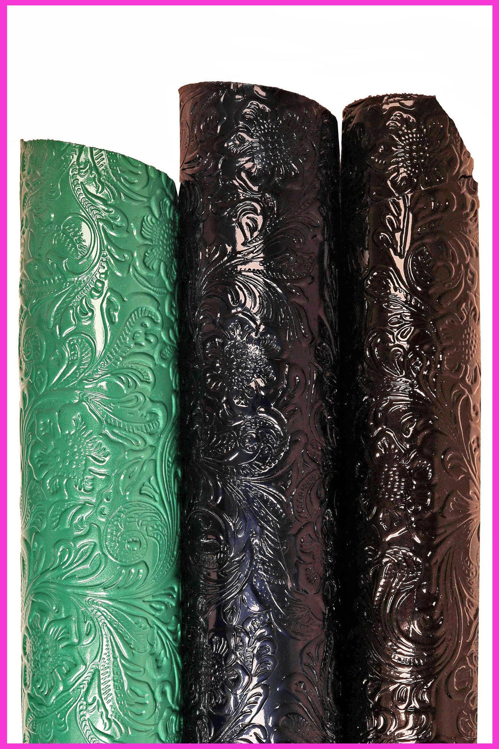 FLORAL embossed PATENT leather hide, green blue black glossy cowhide, relief flower print on calfskin B16262-ST La Garzarara