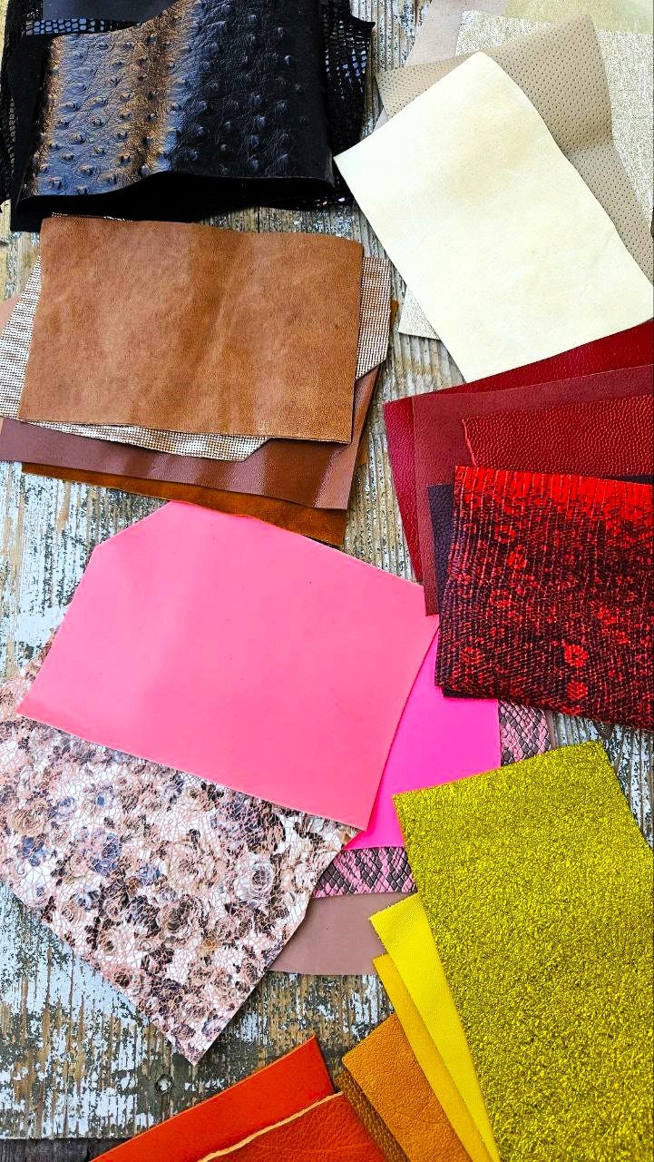 Colorful Leather Scrap Pack, 75 Random Pieces in 15 Shades, Mixed Texture Offcuts, Multicolor Remnants for Creative Crafts La Garzarara