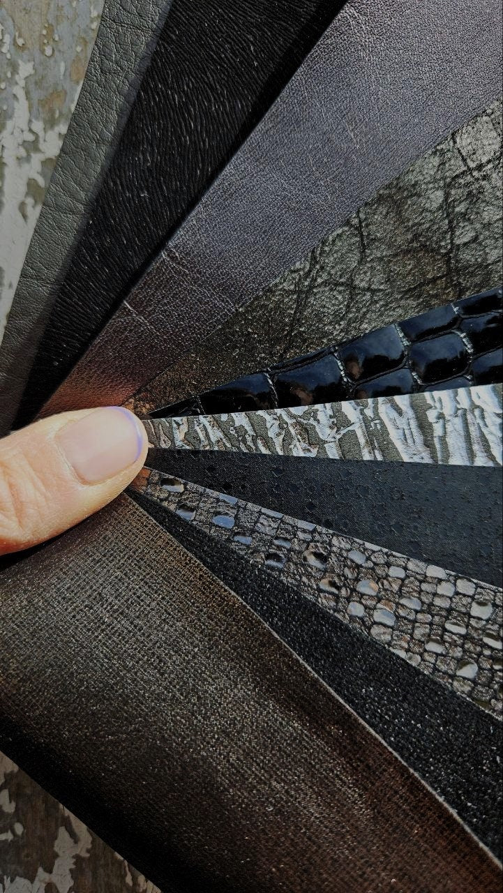 10 textured LEATHER scraps with special effects, decorative grain and printed finishes, designer mix in dark tones as shown RT204 Garzarara