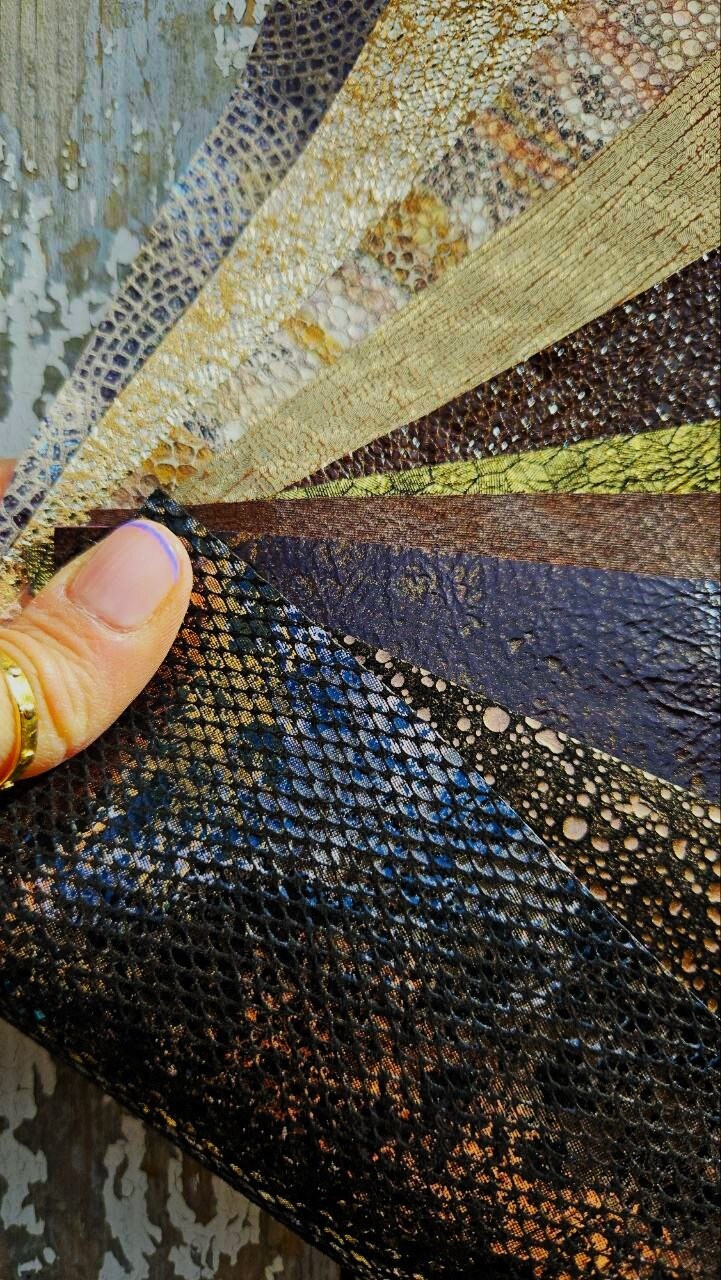 Gold Bronze Leather Scraps, Black and Brown Selected Remnants, Exotic Textures Metallic Prints and Special Finishes as per pictures RT205
