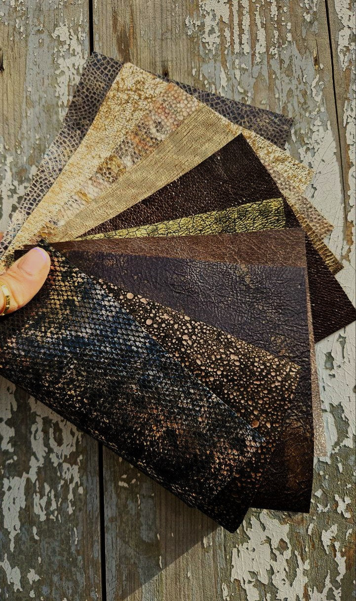 Gold Bronze Leather Scraps, Black and Brown Selected Remnants, Exotic Textures Metallic Prints and Special Finishes as per pictures RT205