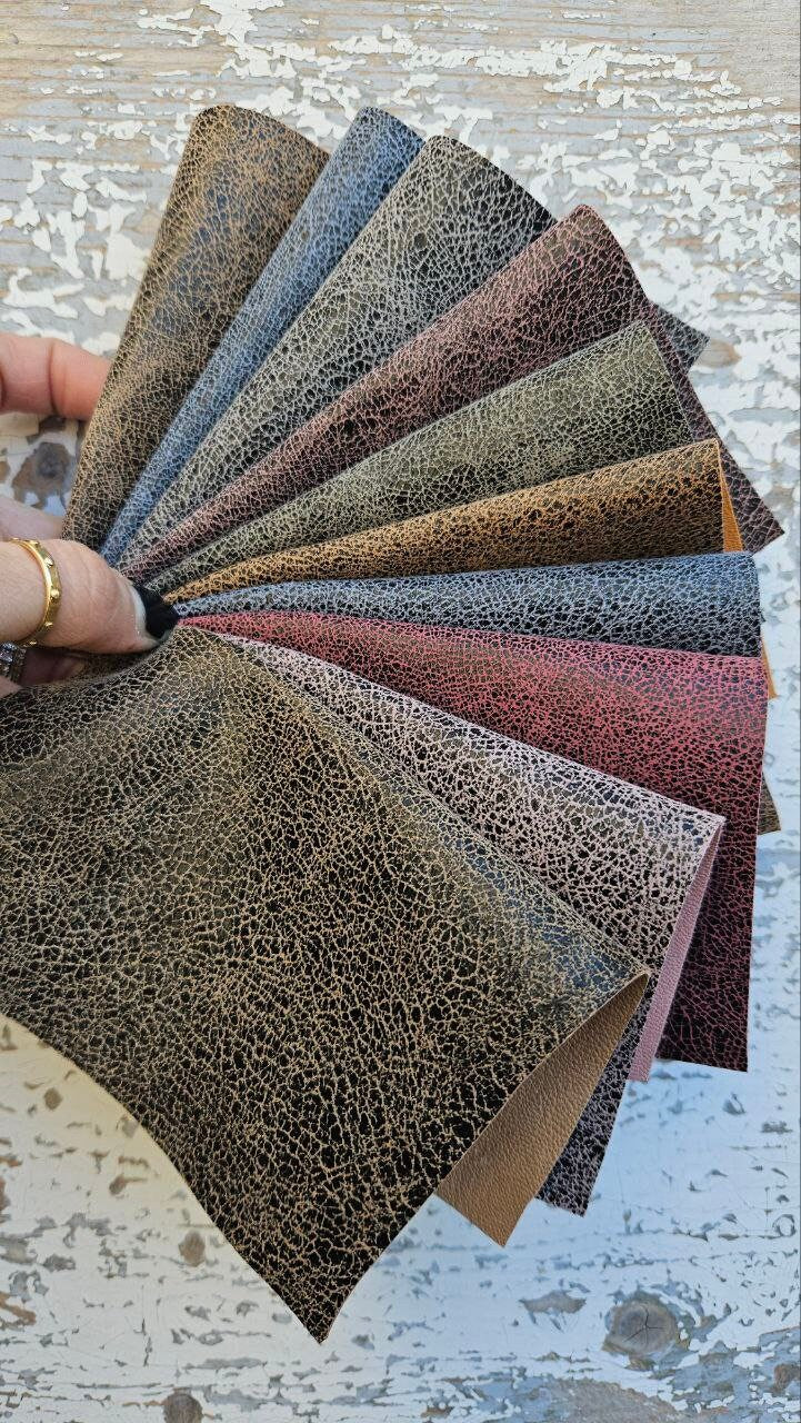 10 Premium Leather Scraps in Multicolor Tones, Mixed Prints with Crackle Effects, Assorted Remnants RT216 La Garzarara