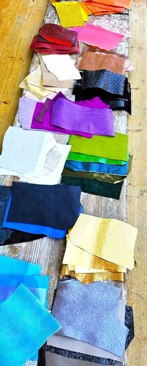 Colorful Leather Scrap Pack, 75 Random Pieces in 15 Shades, Mixed Texture Offcuts, Multicolor Remnants for Creative Crafts La Garzarara