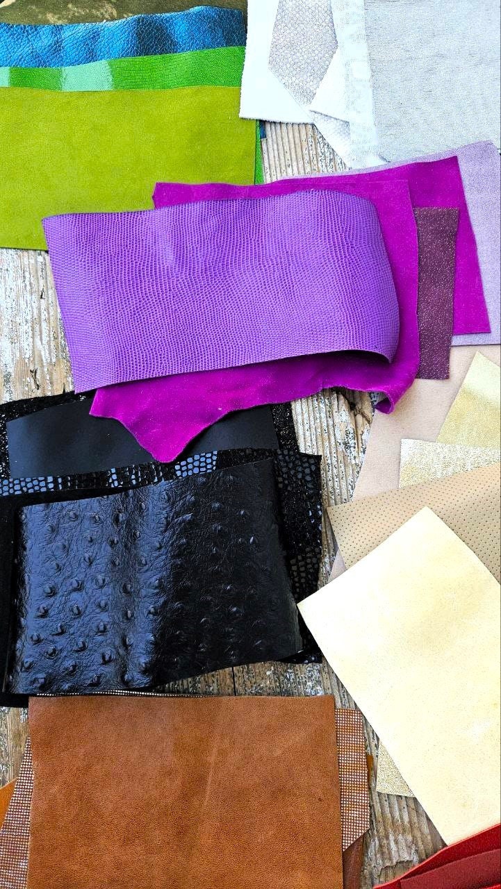 Colorful Leather Scrap Pack, 75 Random Pieces in 15 Shades, Mixed Texture Offcuts, Multicolor Remnants for Creative Crafts La Garzarara