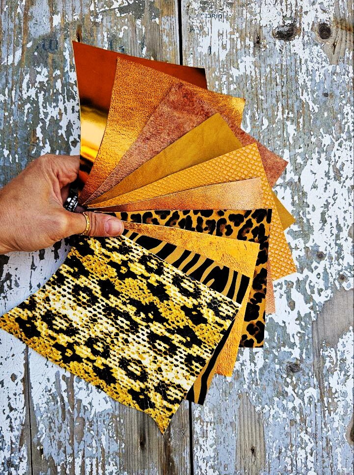 Yellow and Orange Leather Scraps, Ochre and Mustard Offcuts, Warm Tone Leather Pieces for Crafts RT219