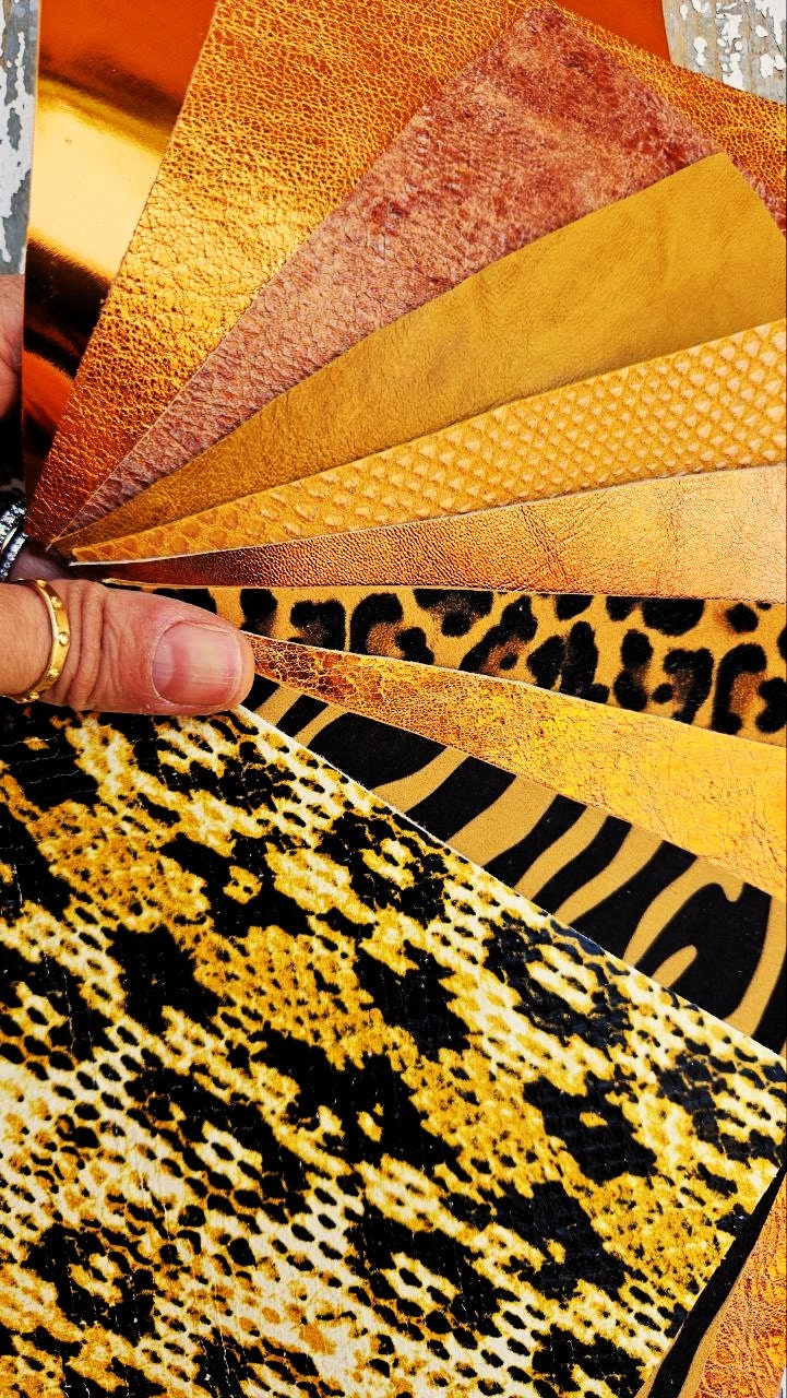 Yellow and Orange Leather Scraps, Ochre and Mustard Offcuts, Warm Tone Leather Pieces for Crafts RT219