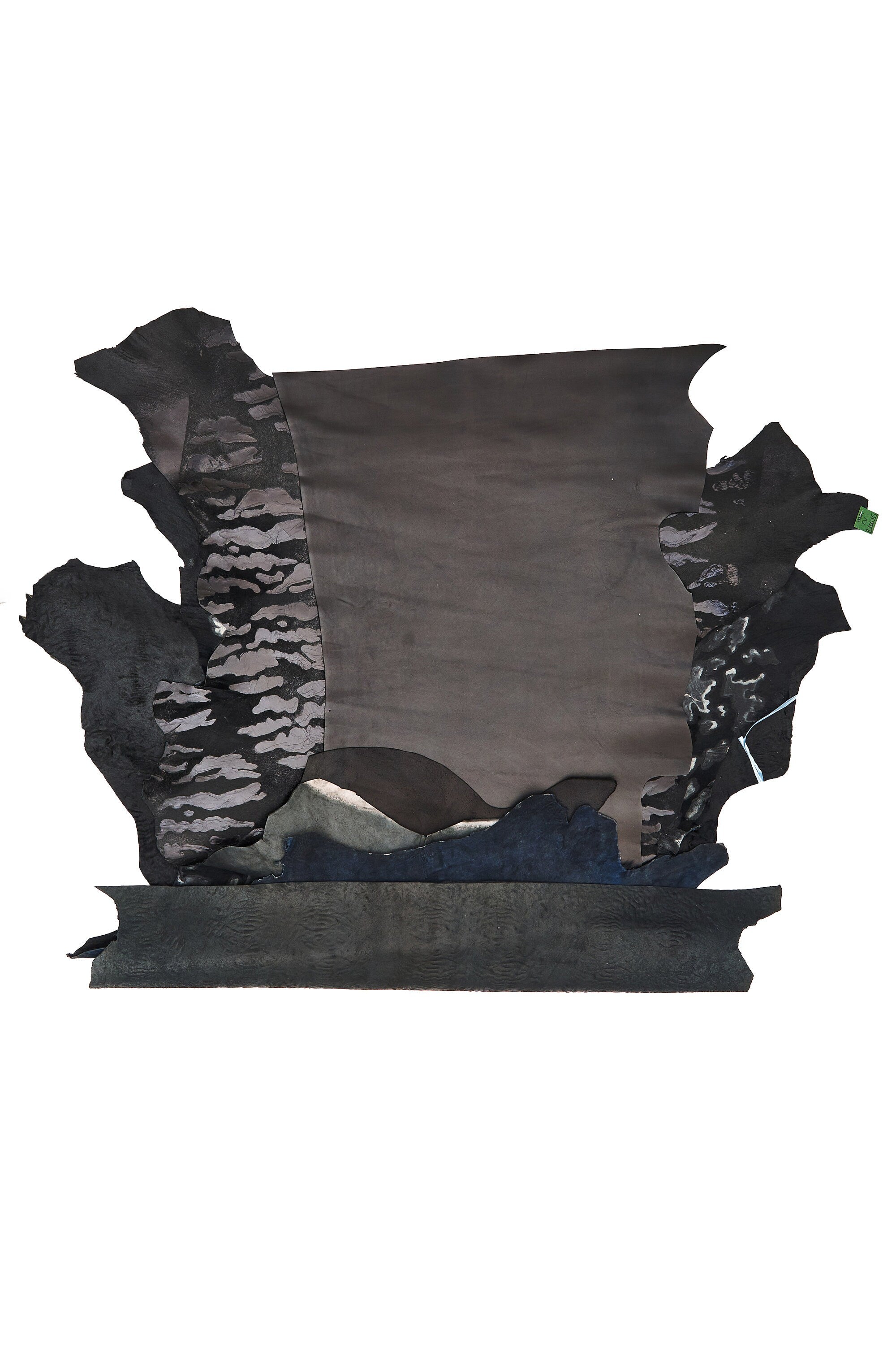 Printed BLACK hair on hides, 4 pony black leather skin camouflage effect, smooth matte leather hide. bundles of 4 skins B16616-CV