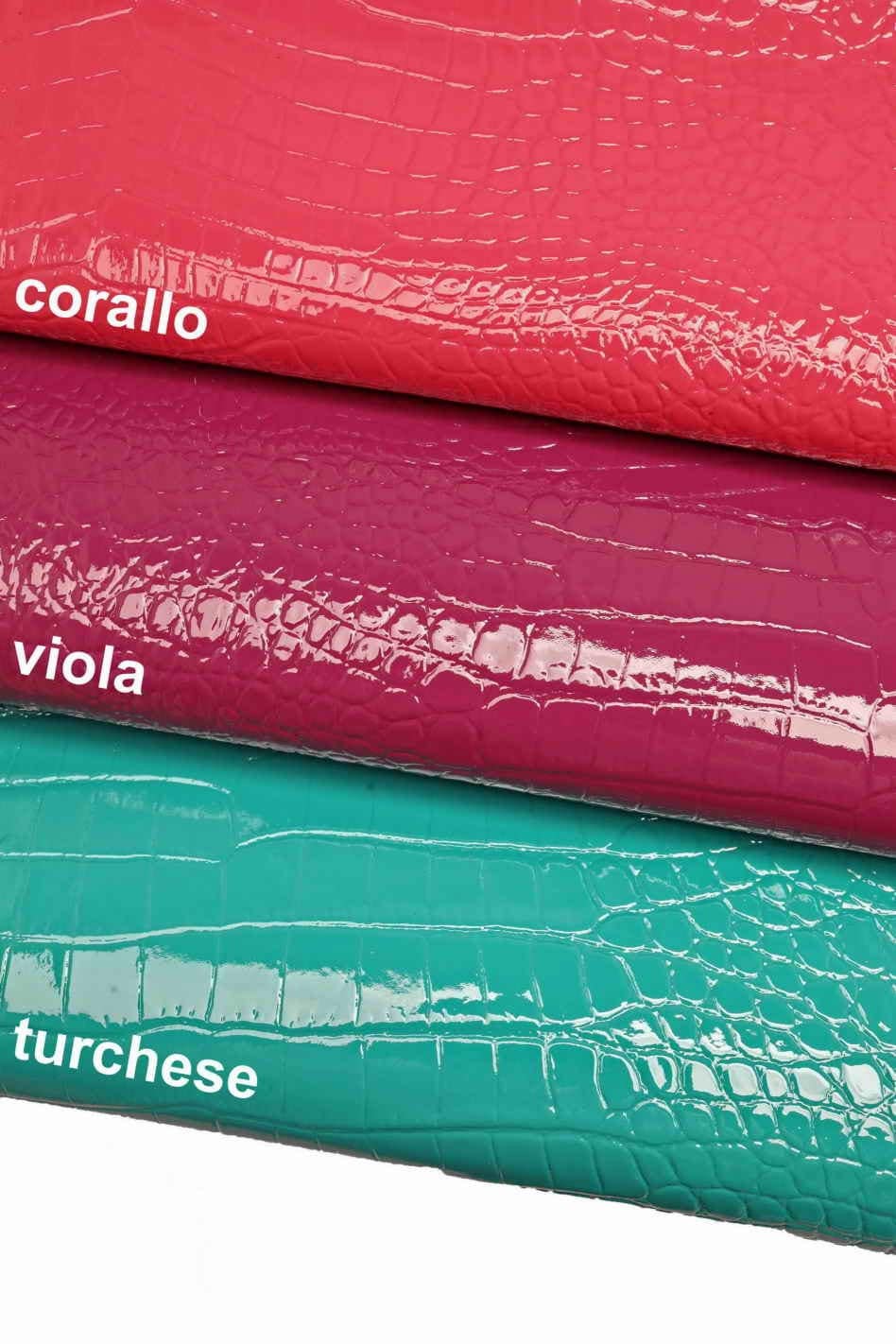 CROCODILE embossed leather hides - coral purple turquoise glossy laquer croc printed cowhide, alligator calfskin B12221-ST La Garzarara