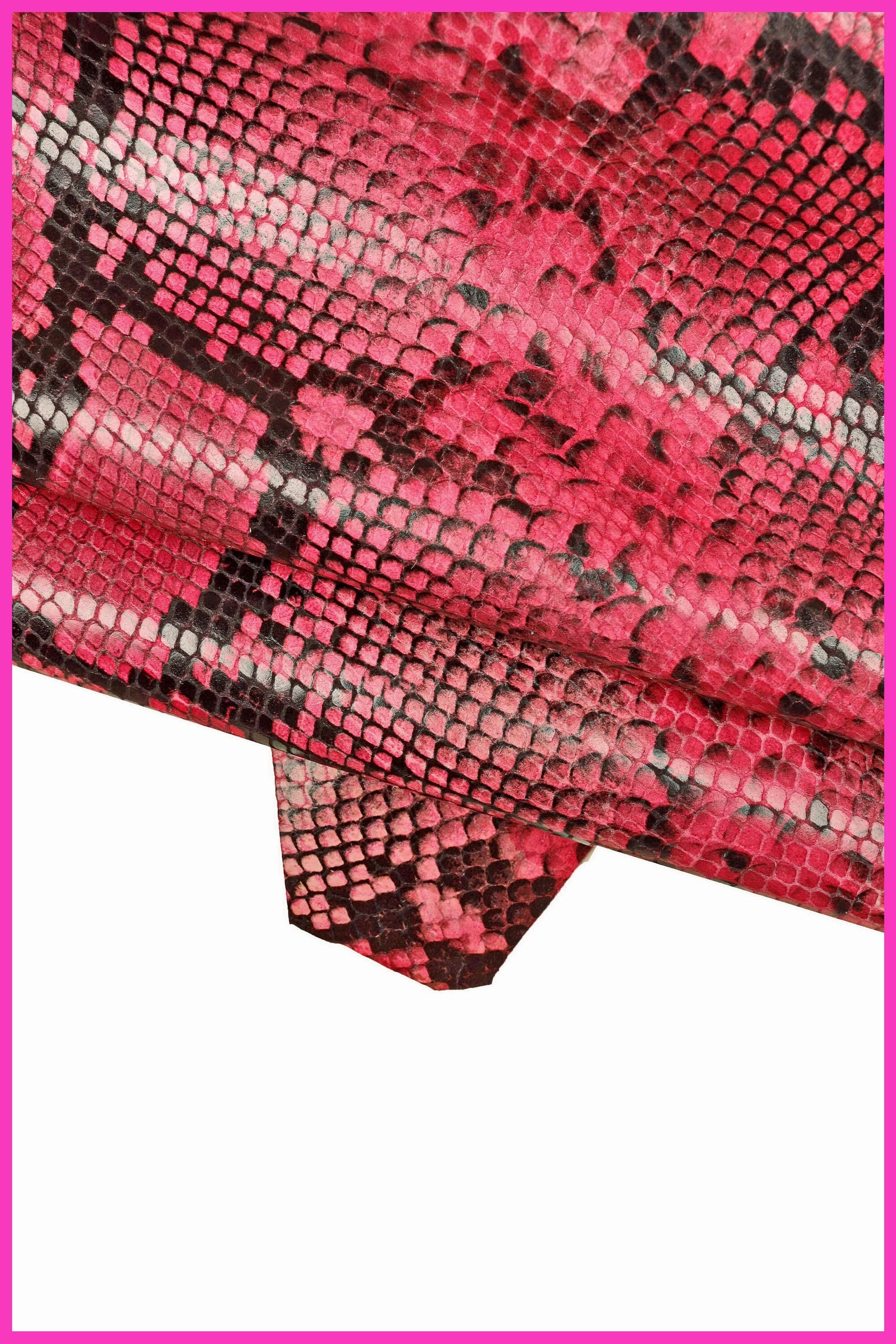PINK PYTHON printed leather skin, fuchsia snake textured goatskin, glossy animal print reptile hide B15310-ST La Garzarara