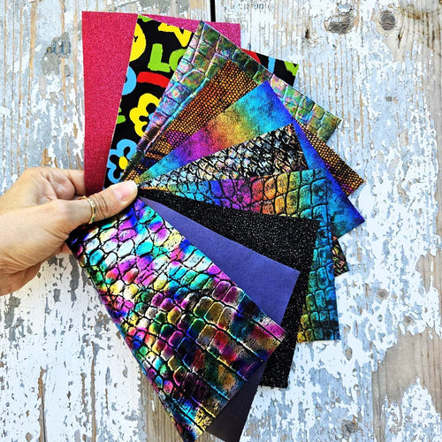 10 Selected leather scraps, printed and foils various, mix selection leather remnants as per pictures RT221 La Garzarara