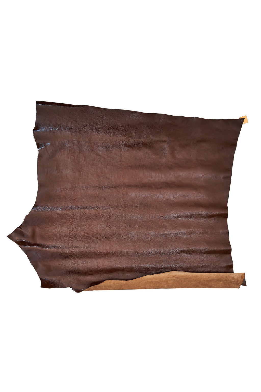Soft chocolate brown glossy cowhide leather SKIN hide, patent effect wrinkled calf leather 1.2–1.4 mm for bags and accessories, B16500-TU