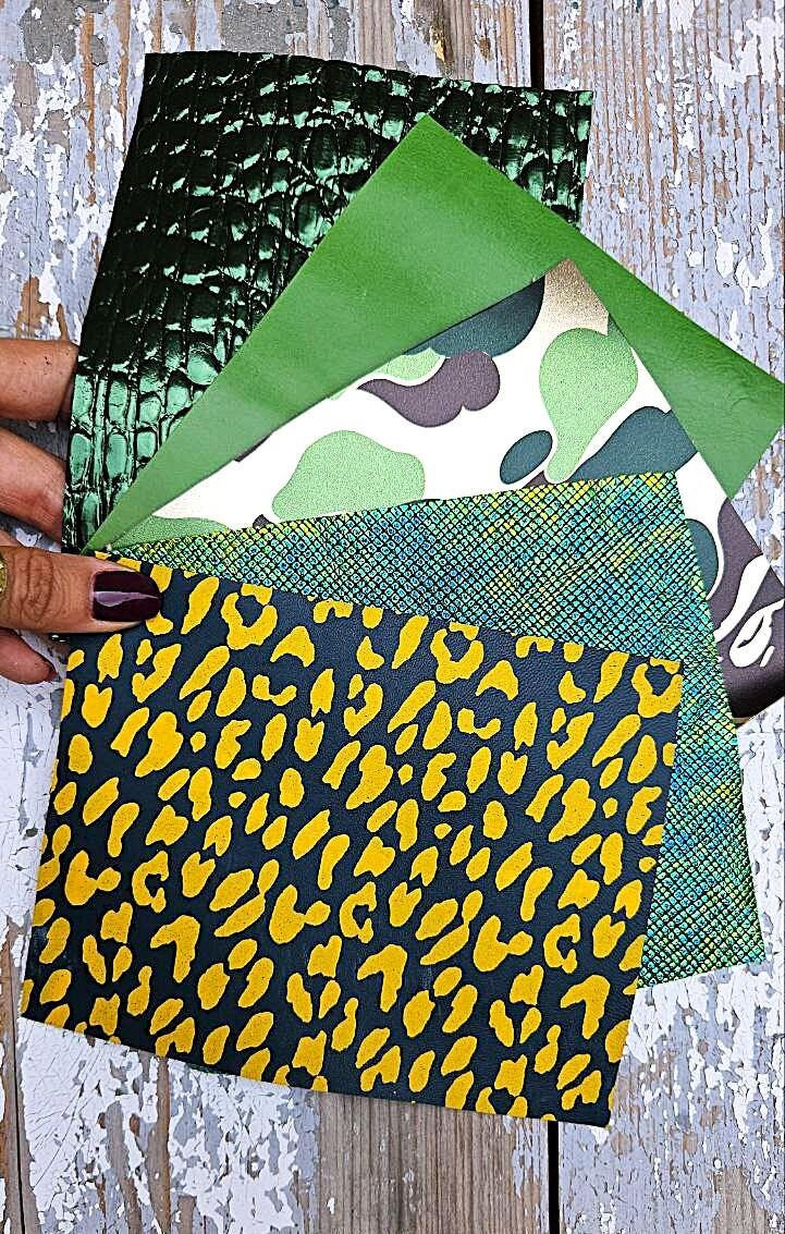 Wild Green Leather Remnants, Yellow Leopard Scraps, Emerald Croc and Camo Craft Pieces RT225 La Garzarara