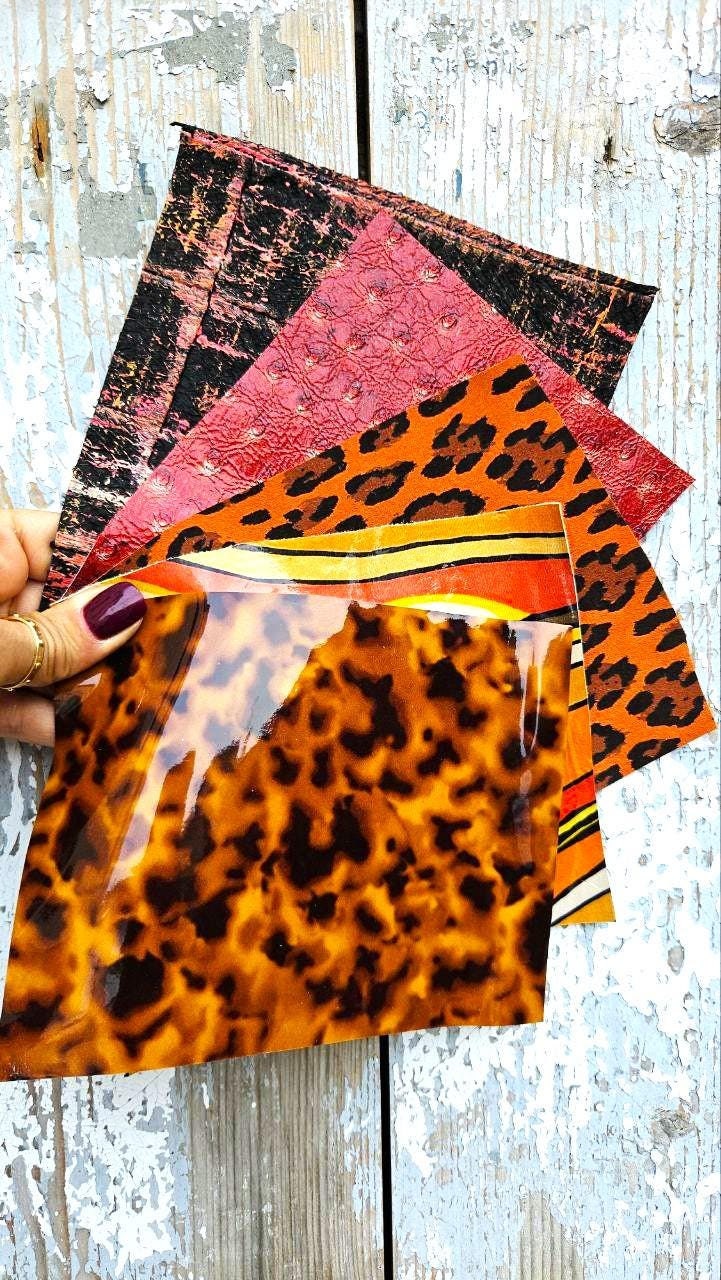 Wild Print Leather Offcuts, Leopard Orange Red Scraps, Glossy Textured Remnants for DIY Crafts RT226