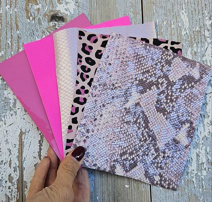 5 Selected leather scraps, FUCHSIA and PINK tones, printed and metalic printed, mix selection leather remnants as per pictures RT233