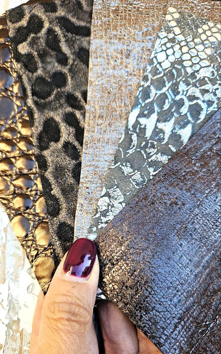 Bronze Chocolate Brown Leather Remnants, Exotic Reptile Scraps, Metallic Textured Pieces , Offcuts for leathercrafter RT240