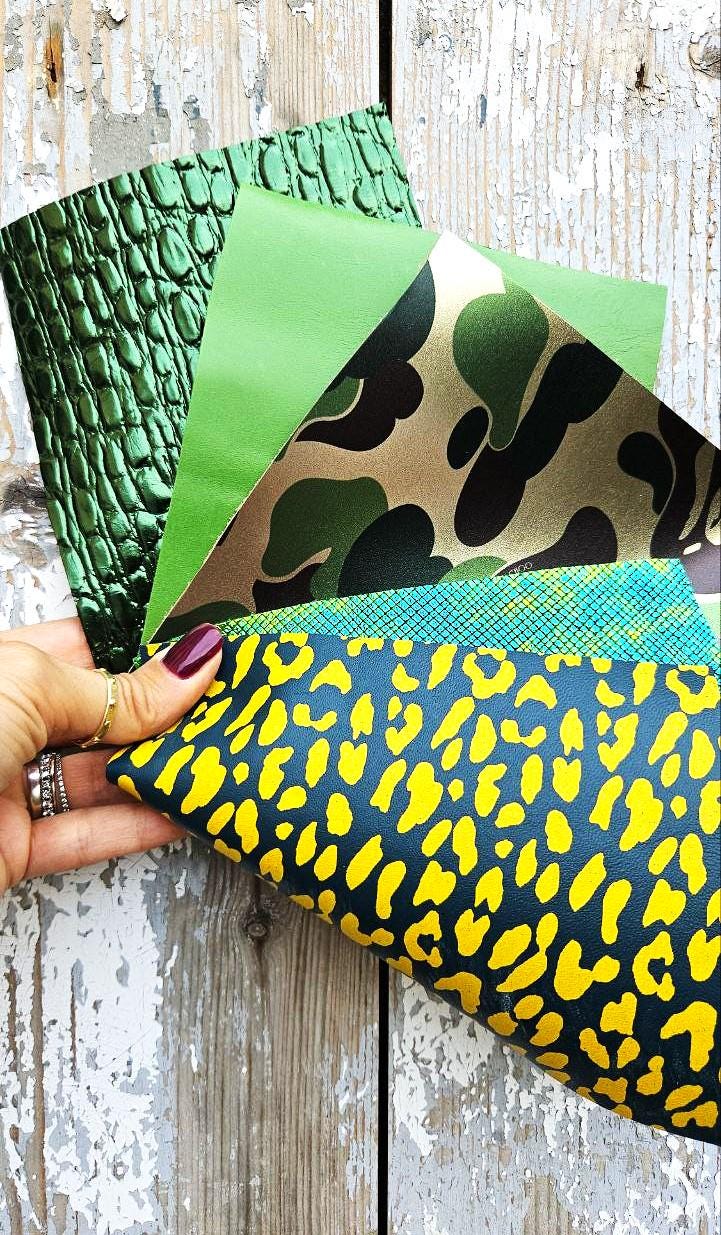 Wild Green Leather Remnants, Yellow Leopard Scraps, Emerald Croc and Camo Craft Pieces RT225 La Garzarara