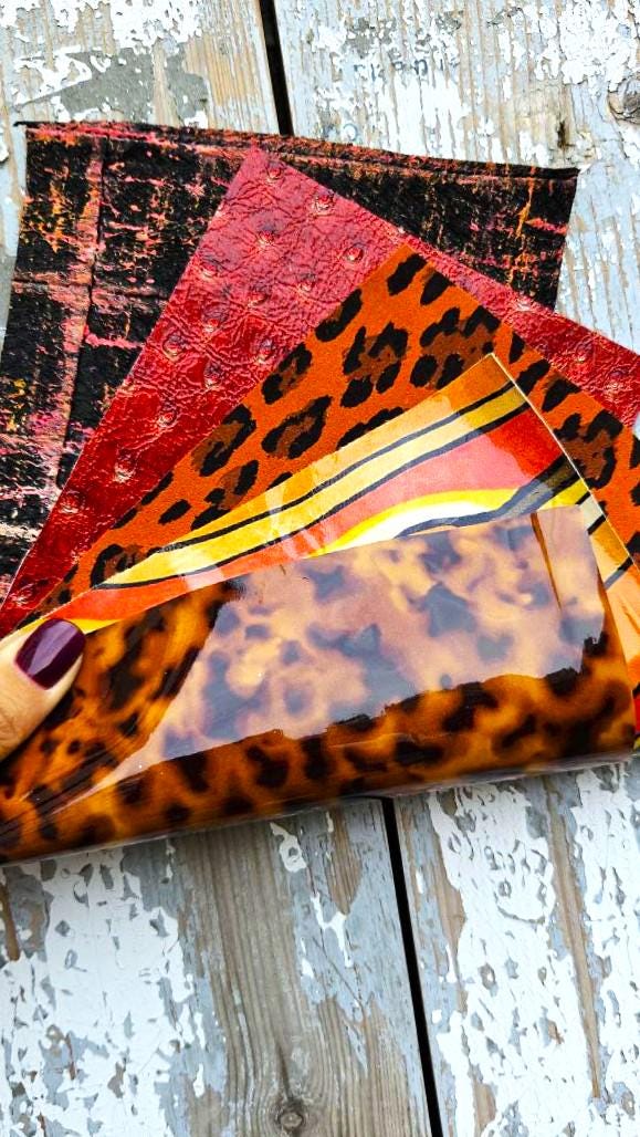 Wild Print Leather Offcuts, Leopard Orange Red Scraps, Glossy Textured Remnants for DIY Crafts RT226