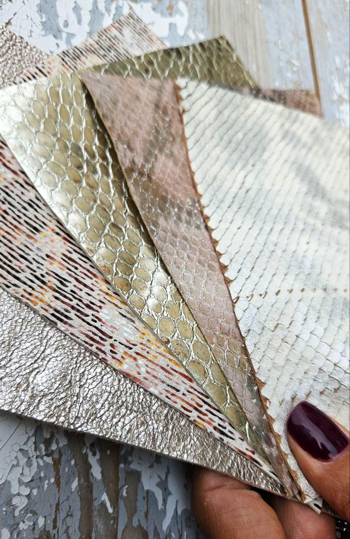 Silver Leather Remnants, Metallic Snake Print Scraps, Textured Genuine Leather for DIY and Jewelry RT228