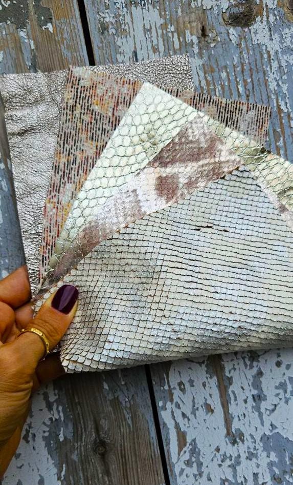 Silver Leather Remnants, Metallic Snake Print Scraps, Textured Genuine Leather for DIY and Jewelry RT228