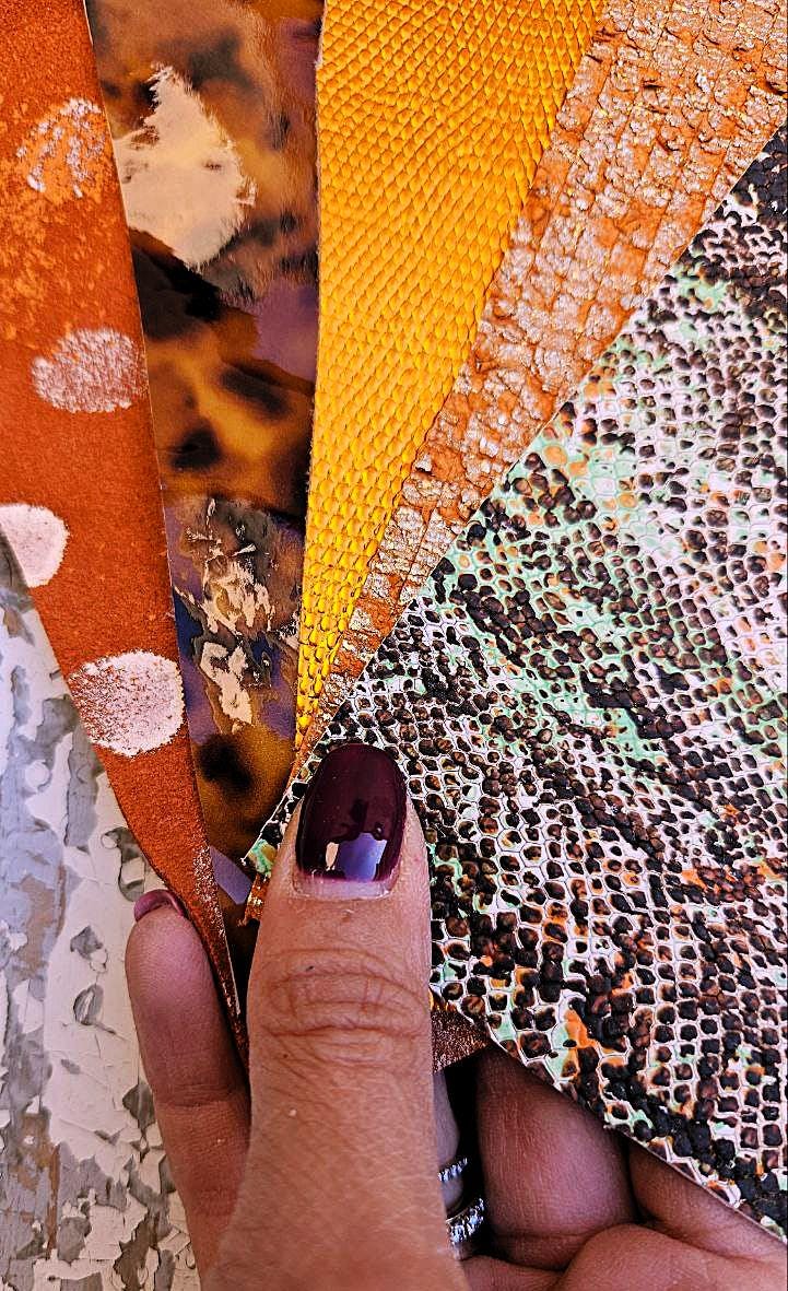 5 Selected leather scraps, ORANGE and BROWN tones, printed and metalic printed,mix selection leather pieces as per pictures RT249