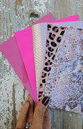 5 Selected leather scraps, FUCHSIA and PINK tones, printed and metalic printed, mix selection leather remnants as per pictures RT233