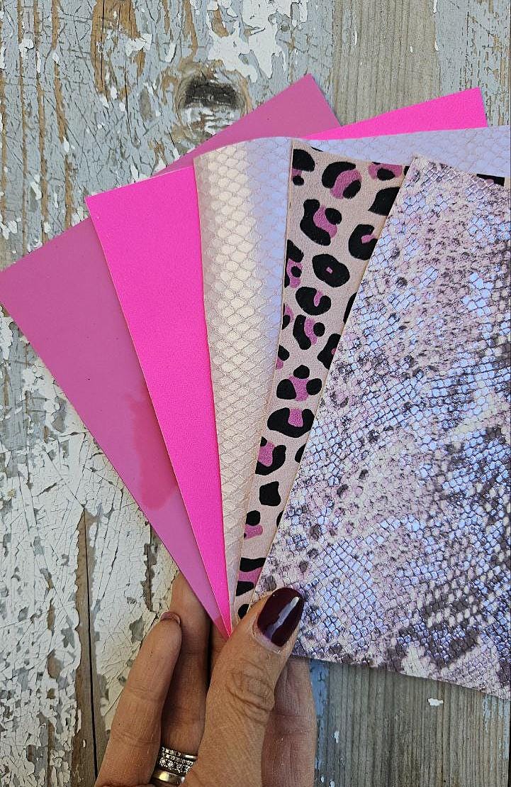 5 Selected leather scraps, FUCHSIA and PINK tones, printed and metalic printed, mix selection leather remnants as per pictures RT233