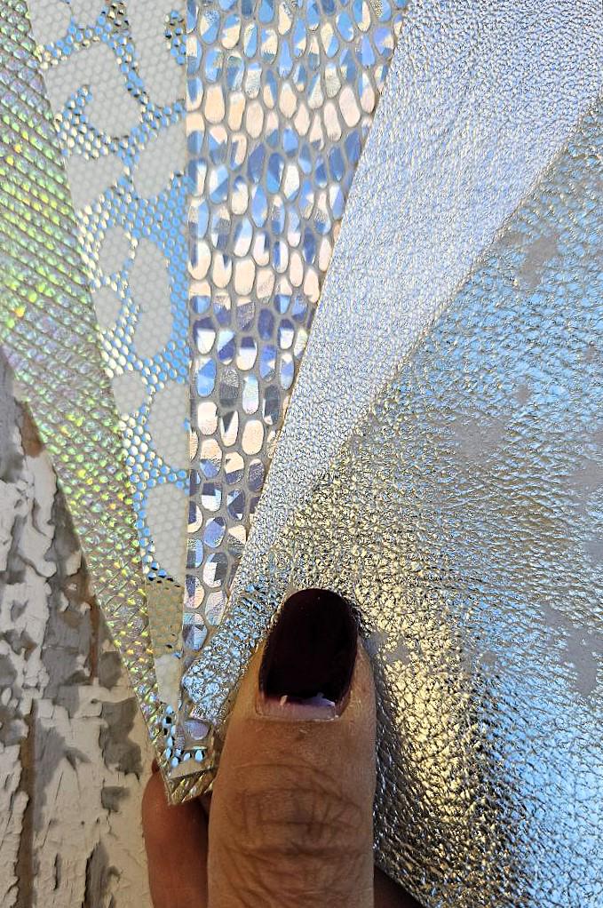 5 Selected leather scraps,silver, platinum, iridescent tones, printed and metalic printed,mix selection leather pieces as per pictures RT235