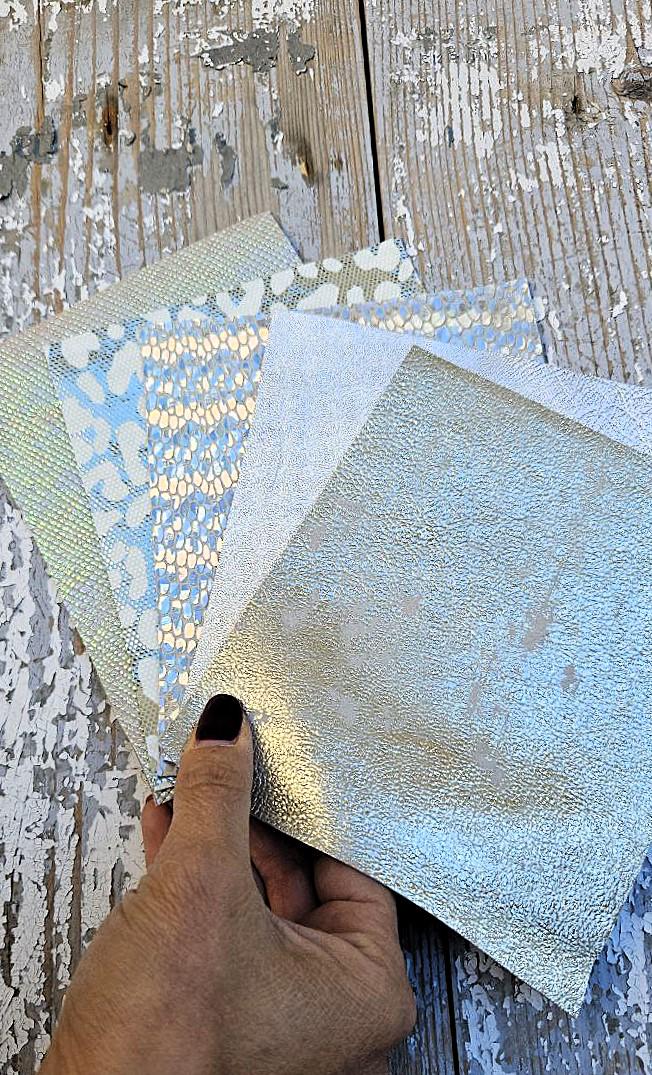5 Selected leather scraps,silver, platinum, iridescent tones, printed and metalic printed,mix selection leather pieces as per pictures RT235