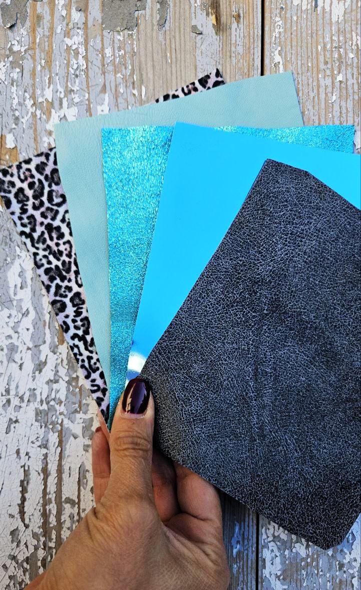 Turquoise Leather Scraps for Earrings, Aqua and Teal Offcuts, Colorful Leather Pieces for DIY Crafts RT237