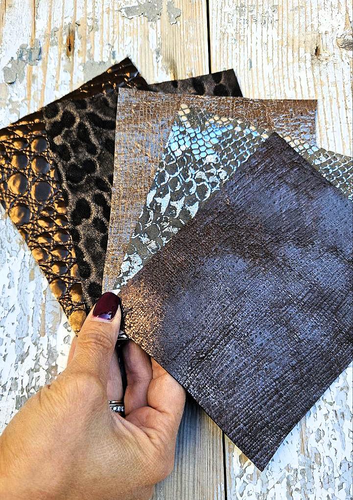 Bronze Chocolate Brown Leather Remnants, Exotic Reptile Scraps, Metallic Textured Pieces , Offcuts for leathercrafter RT240