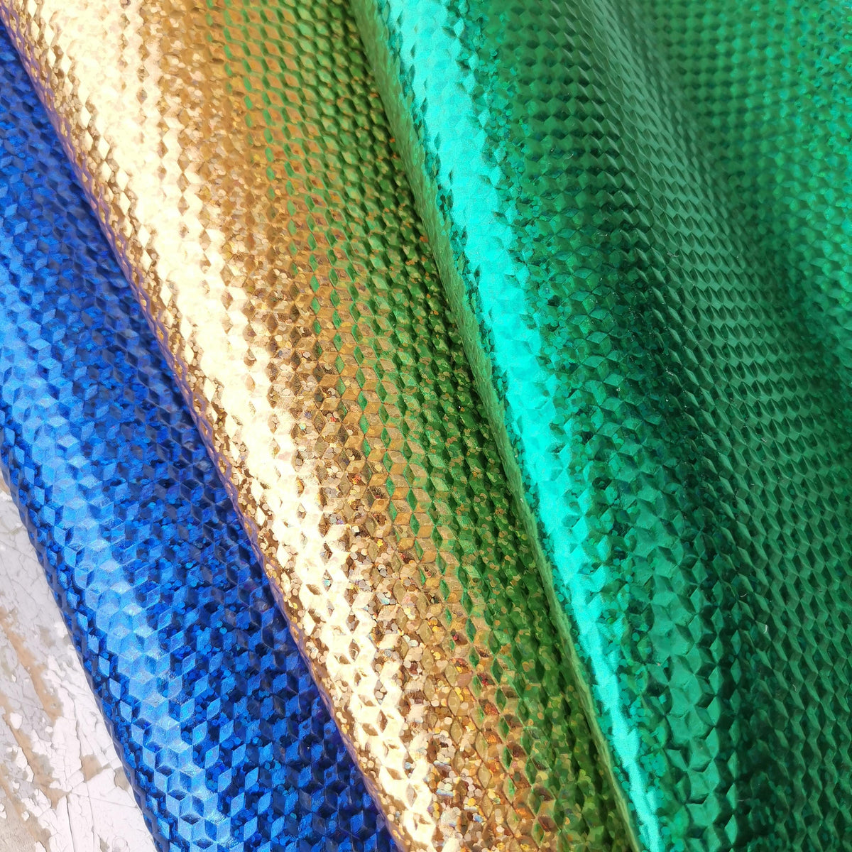 3 selected leather scraps, gold, green, blue GLITTER IRIDESCENT metallic 3 bright tones as per pictures, in different sizes, RT136