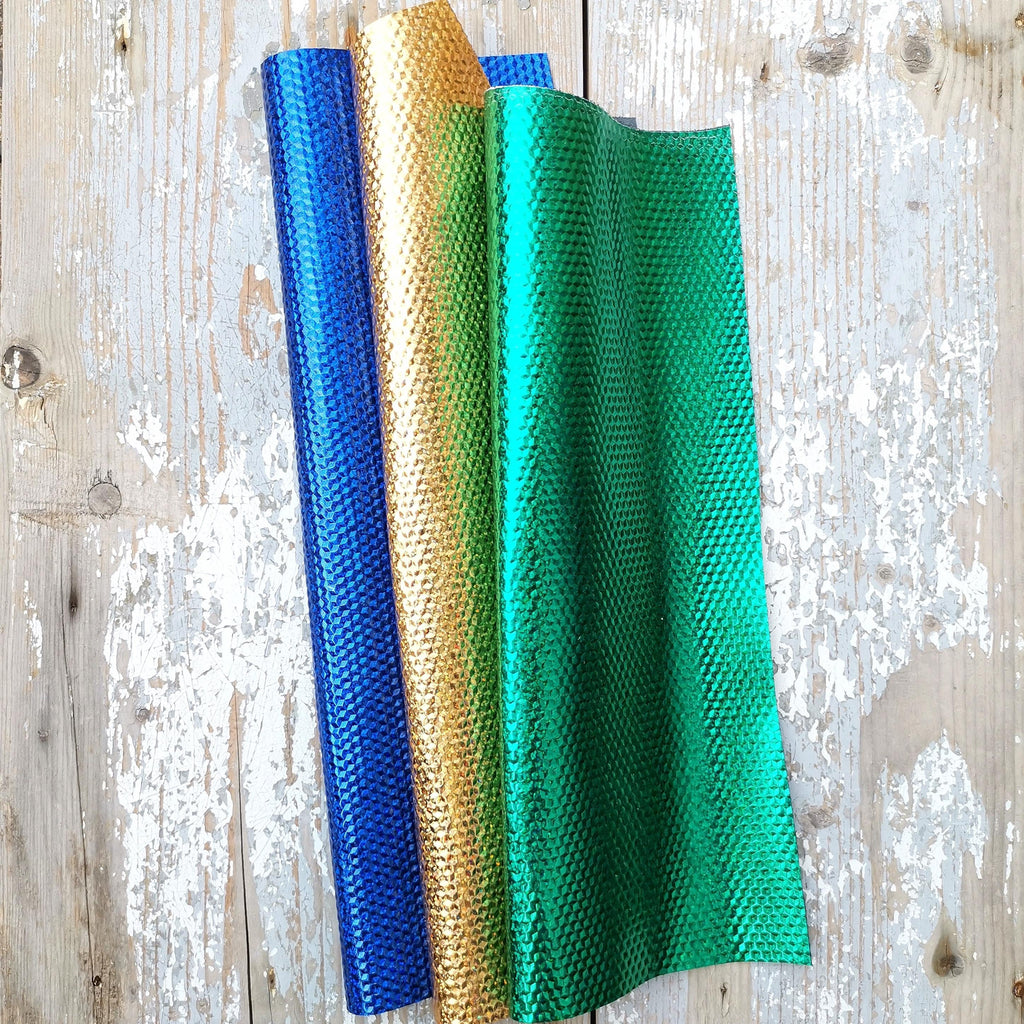 3 selected leather scraps, gold, green, blue GLITTER IRIDESCENT metallic 3 bright tones as per pictures, in different sizes, RT136