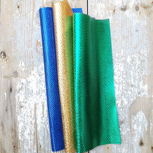 3 selected leather scraps, gold, green, blue GLITTER IRIDESCENT metallic 3 bright tones as per pictures, in different sizes, RT136