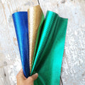 3 selected leather scraps, gold, green, blue GLITTER IRIDESCENT metallic 3 bright tones as per pictures, in different sizes, RT136