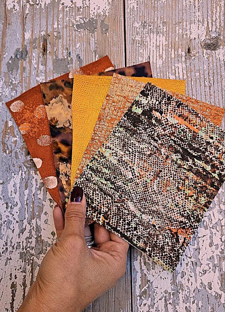 5 Selected leather scraps, ORANGE and BROWN tones, printed and metalic printed,mix selection leather pieces as per pictures RT249
