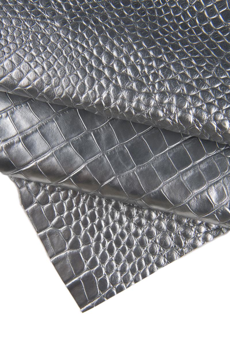 Silver CROCODILE leather hide, metallic croc embossed cowhide, glossy soft metallic cow 0.7 - 0.8 mm B16748-MT La Garzarara