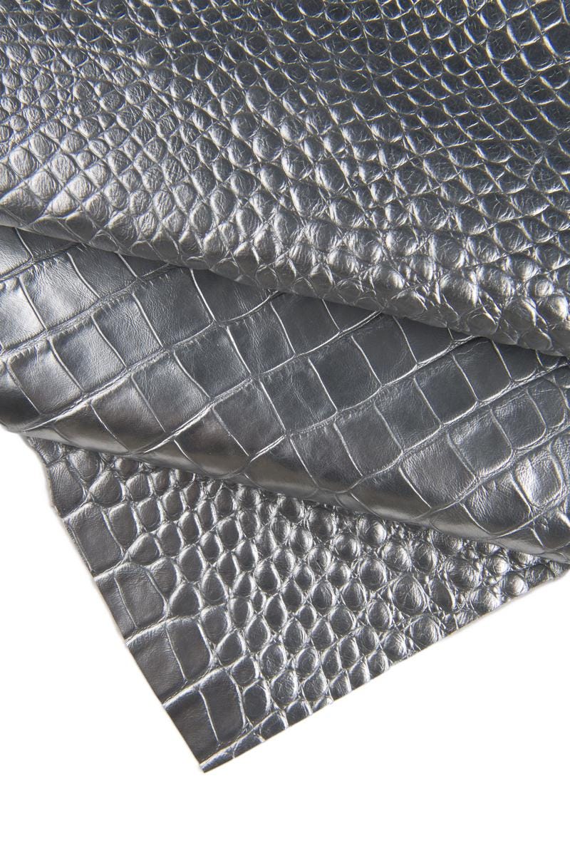 Silver CROCODILE leather hide, metallic croc embossed cowhide, glossy soft metallic cow 0.7 - 0.8 mm B16748-MT La Garzarara
