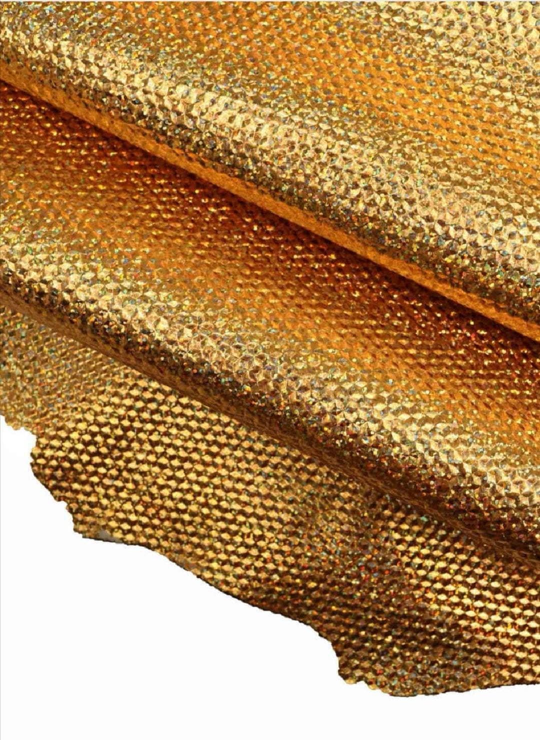 Gold GLITTERED leather hide, iridescent metallic geometric embossed cowhide, bright printed calfskin B17058-MT(ST) La Garzarara