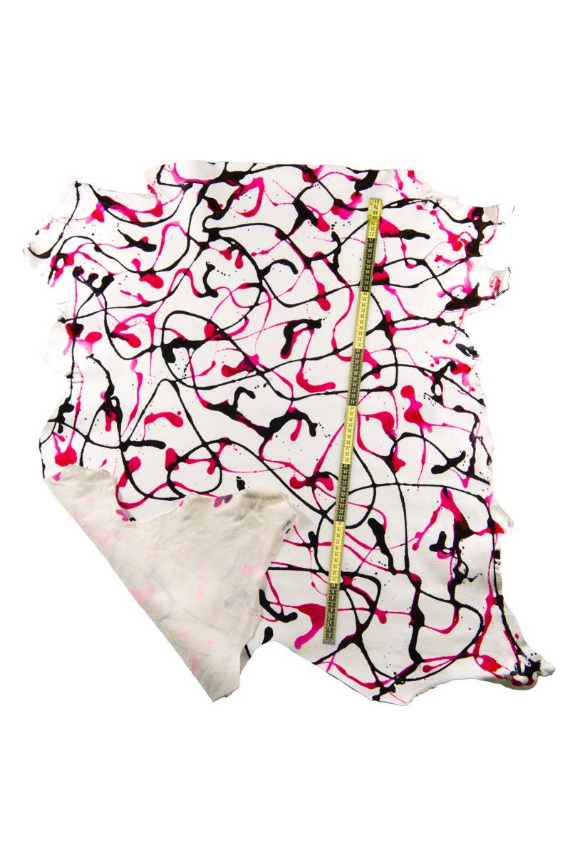 FUCHSIA SKETCH painted leather skin, white goatskin pink black texture, handcrafted pollock printed skin B16854-DM