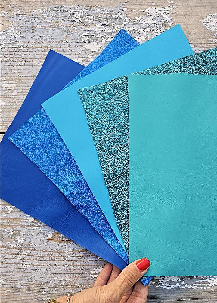 Aqua Leather Scraps, Turquoise Teal and Blue Offcuts, Color Assorted Leather Pieces for Crafts 10x8" / 25x20 cm RT257