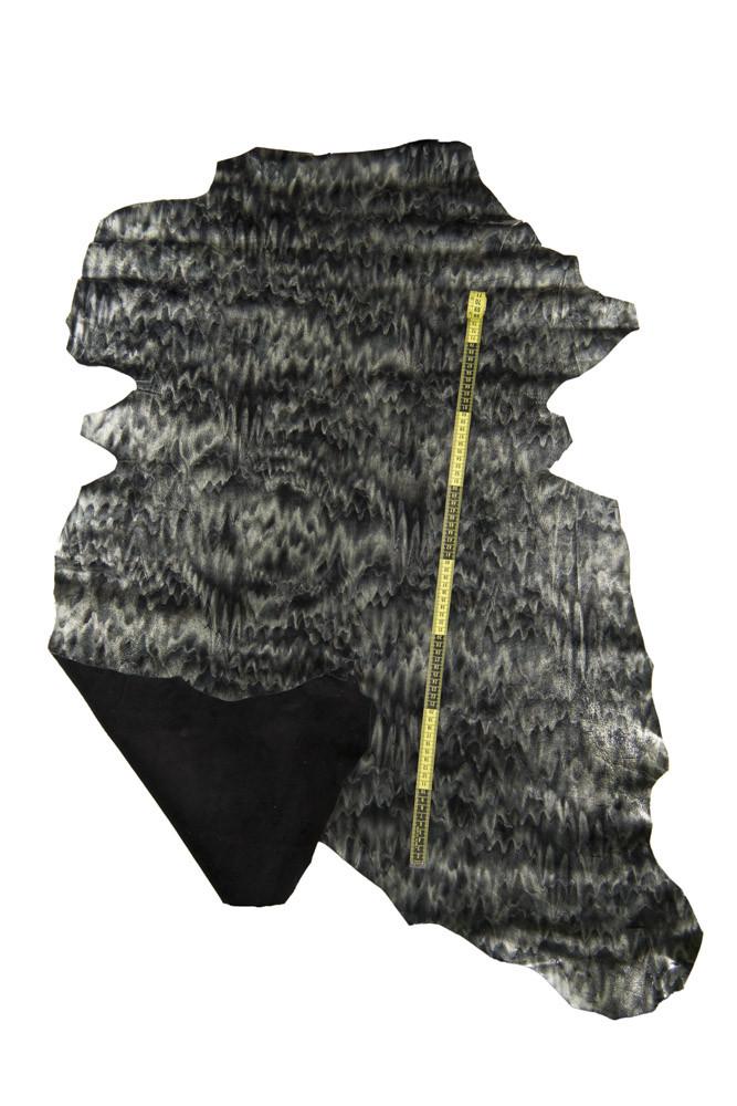 Grey black wave printed leather skin, TEXTURED NAPLAK patent goatskin. glossy soft skin, 0.8 - 1.0 mm B16833-ST La Garzarara