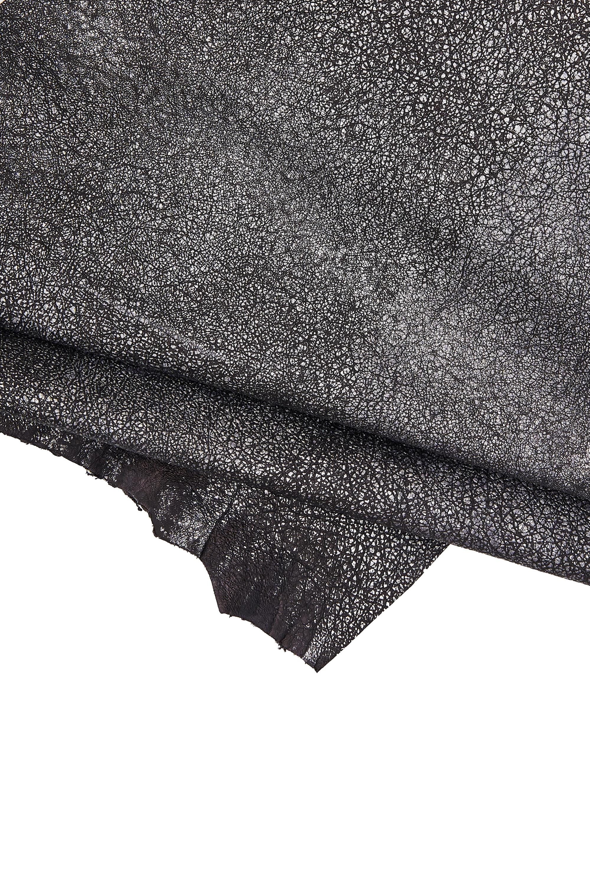 BLACK steelmetal leather skin, wrinkled goatskin, metallic aged distressed hide 0.9 - 1.0 mm B16542-MT(ST) La Garzarara
