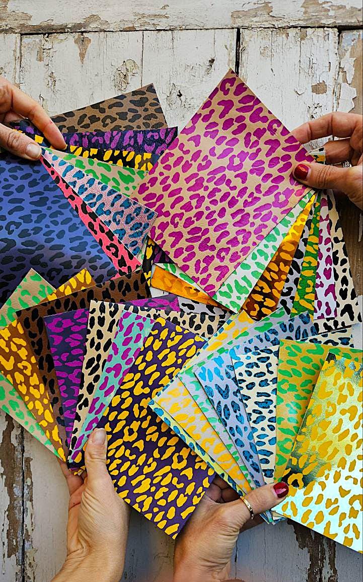 Vibrant cheetah and leopard Scraps, Printed pieces Leather for DIY - bright animal print colors random from picture 6x5" / 15x12 cm RT259