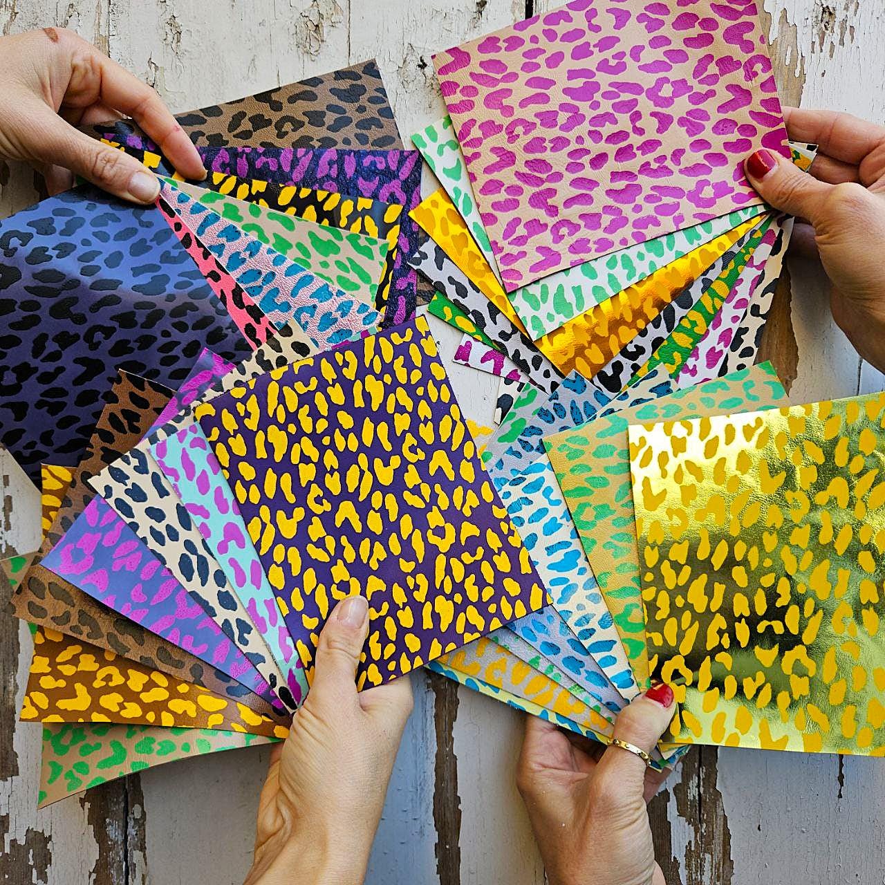 Vibrant cheetah and leopard Scraps, Printed pieces Leather for DIY - bright animal print colors random from picture 6x5" / 15x12 cm RT259