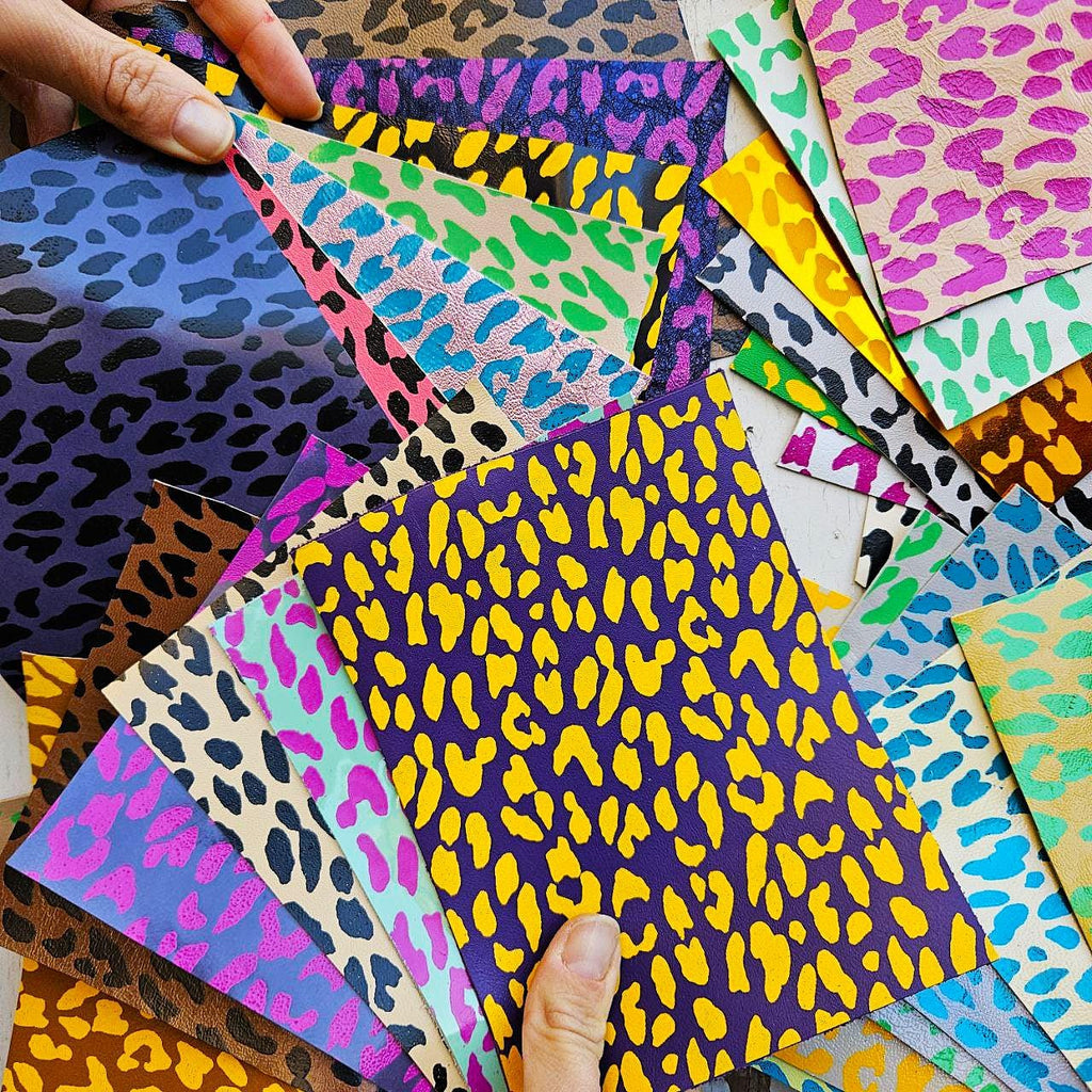 Vibrant cheetah and leopard Scraps, Printed pieces Leather for DIY - bright animal print colors random from picture 6x5" / 15x12 cm RT259