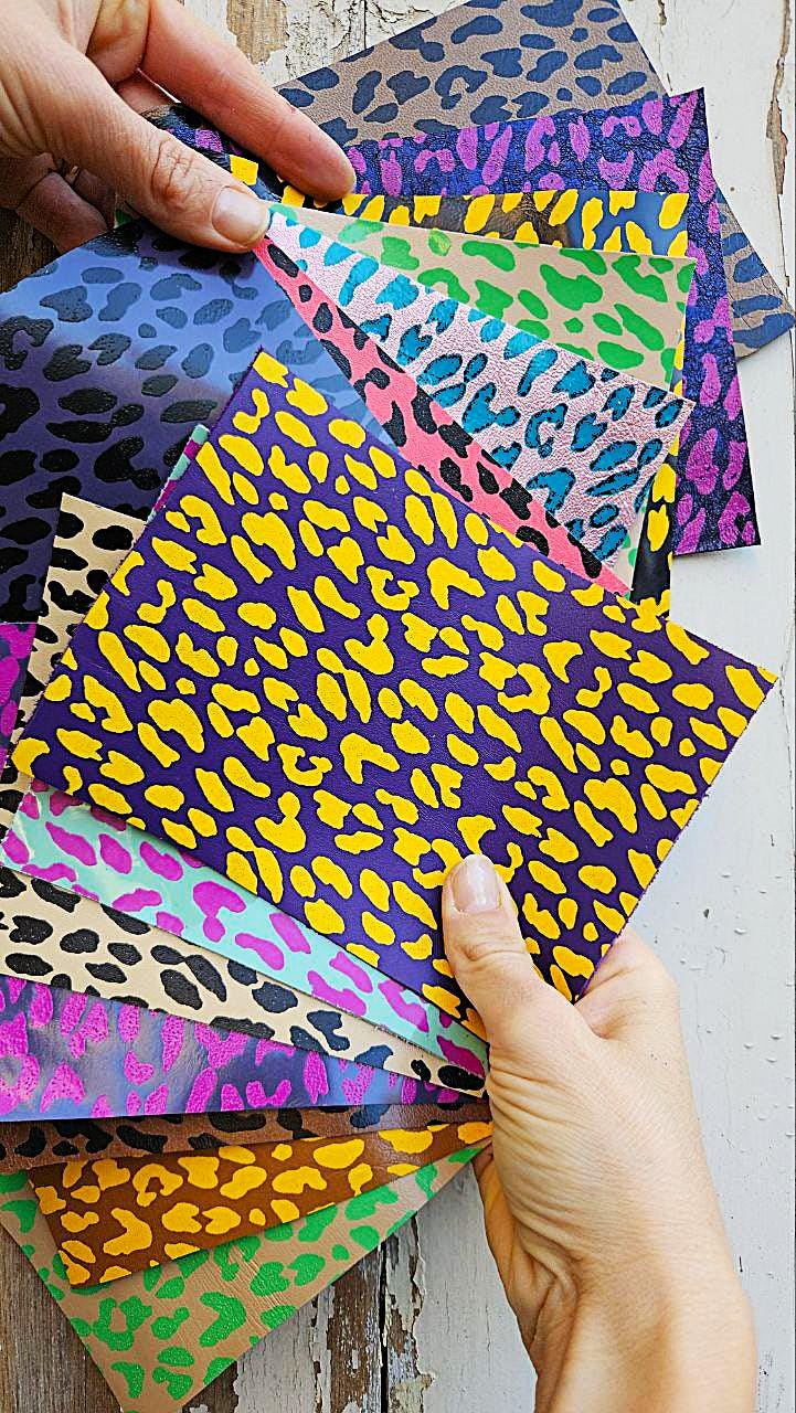 Vibrant cheetah and leopard Scraps, Printed pieces Leather for DIY - bright animal print colors random from picture 6x5" / 15x12 cm RT259