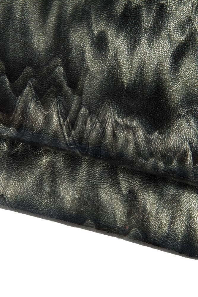 Grey black wave printed leather skin, TEXTURED NAPLAK patent goatskin. glossy soft skin, 0.8 - 1.0 mm B16833-ST La Garzarara